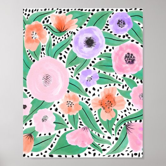 Paars Red Floral Polka Dots Waterverf Patroon Poster (Voorkant)
