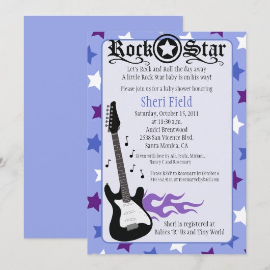 PAARS ROCK STAR 5X7 BABY SHOWER - Rosemary Kaart (Voorkant / Achterkant)