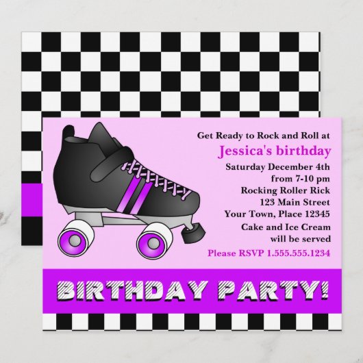 Paars Roller Schaats Birthday Party Kaart (Voorkant / Achterkant)