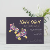 Paars Roller Schaats Roller Skating Birthday Party Kaart (Staand voorkant)