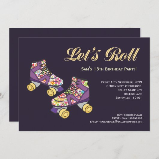 Paars Roller Schaats Roller Skating Birthday Party Kaart (Voorkant / Achterkant)
