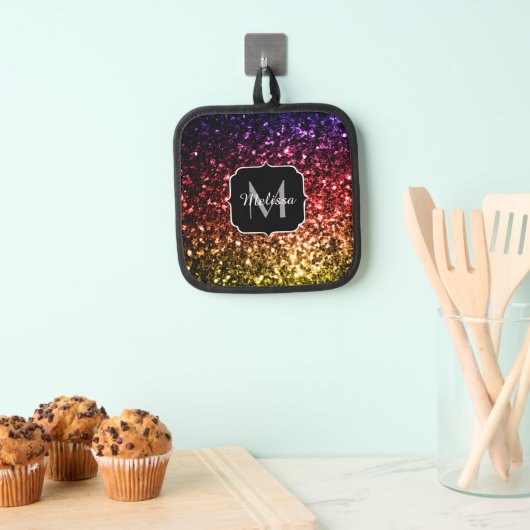 Paars rood geel regenboog nepschittertjes Monogram Pannenlap (Insitu(Ophanging))