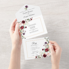 Paars, Rood, Roze, Goud Bloemmotief | All In One Uitnodiging