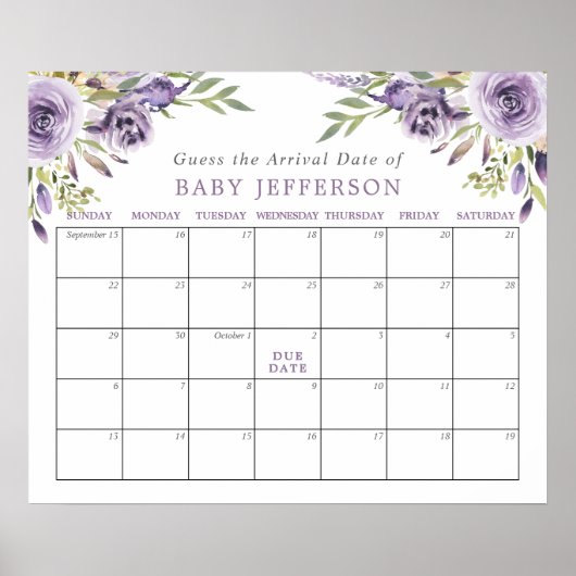 Paars Roos Baby shower: Vervaldatum agenda Poster (Voorkant)