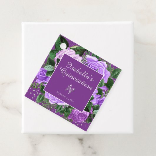 Paars Roos bloemen Silver Butterfly Quinceañera Bedankjes Labels (In situ)
