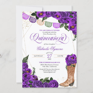 Paars Roos Charra Cowgirl Boots Quinceañera Kaart