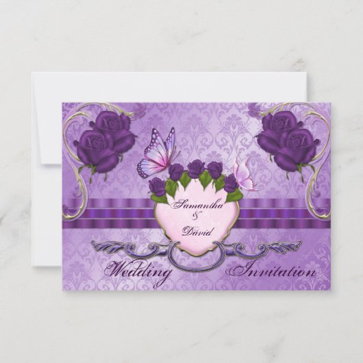 Paars Roos Damask Wedding Invitation Card Kaart (Voorkant)