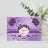 Paars Roos Damask Wedding Invitation Card Kaart (Staand voorkant)