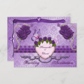 Paars Roos Damask Wedding Invitation Card Kaart (Voorkant / Achterkant)