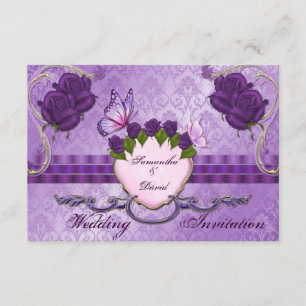 Paars Roos Damask Wedding Invitation Card Kaart