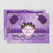Paars Roos Damask Wedding Invitation Kaart (Voorkant / Achterkant)
