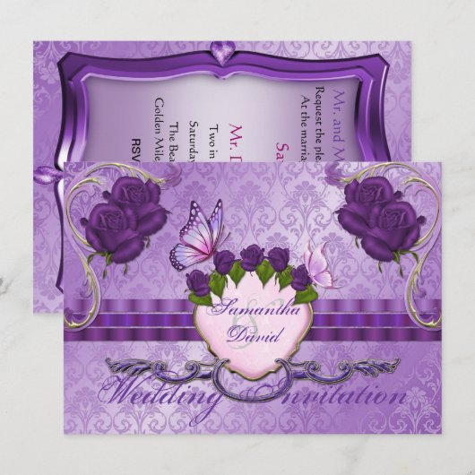 Paars Roos Damask Wedding Invitation Kaart (Voorkant / Achterkant)