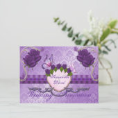Paars Roos Damask Wedding Invitation Kaart (Staand voorkant)