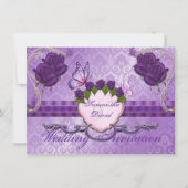 Paars Roos Damask Wedding Invitation Kaart (Voorkant)