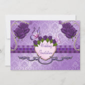 Paars Roos Damask Wedding Invitation Kaart (Voorkant)