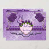 Paars Roos Damask Wedding Invitation Kaart (Voorkant / Achterkant)