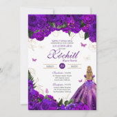 Paars Roos Elegant Floral & Butterfly Quinceañera Kaart (Voorkant)