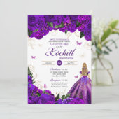 Paars Roos Elegant Floral & Butterfly Quinceañera Kaart (Staand voorkant)