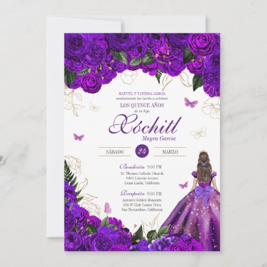 Paars Roos Elegant Floral & Butterfly Quinceañera Kaart (Voorkant)