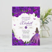 Paars Roos Elegant Floral & Butterfly Quinceañera Kaart (Staand voorkant)