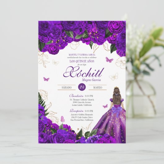 Paars Roos Elegant Floral & Butterfly Quinceañera Kaart (Staand voorkant)
