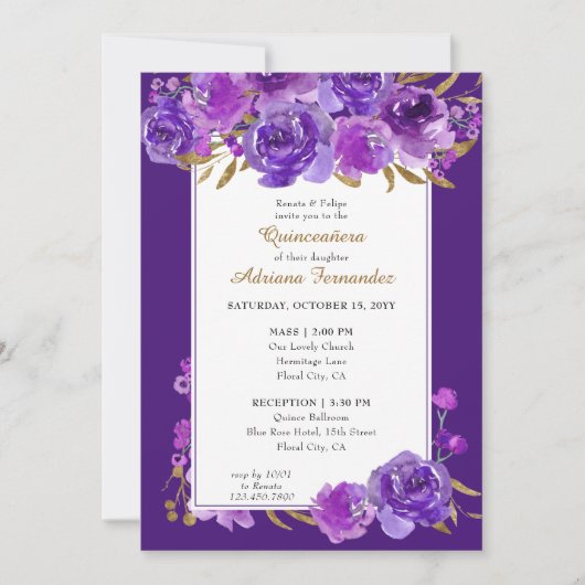 Paars Roos Elegant Gold Leaf Quinceanera en Massa Kaart (Voorkant)