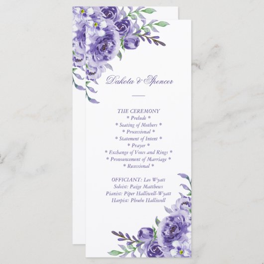Paars Roos | Elegant Waterverf Floral Ceremony Programmakaart (Voorkant / Achterkant)