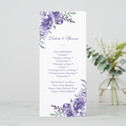 Paars Roos | Elegant Waterverf Floral Ceremony Programmakaart (Staand voorkant)