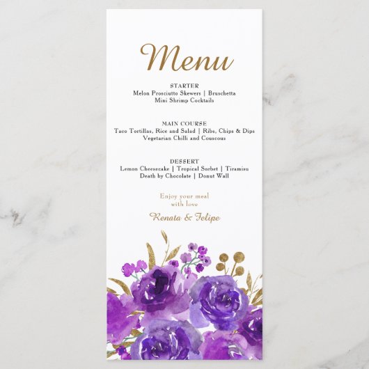 Paars Roos en Gold Leaf Editable Menu met 3 cursus (Voorkant)