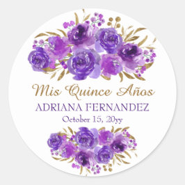 Paars Roos en Gold Leaf Mis Quince Anos Ronde Sticker
