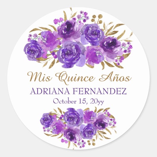 Paars Roos en Gold Leaf Mis Quince Anos Ronde Sticker (Voorkant)