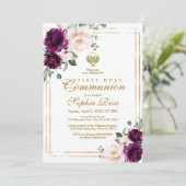 Paars Roos en goudkanton Eerste Heilige Communie Kaart (Staand voorkant)