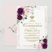 Paars Roos en goudkanton Eerste Heilige Communie Kaart (Voorkant / Achterkant)