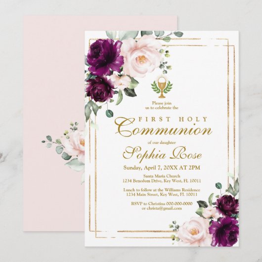 Paars Roos en goudkanton Eerste Heilige Communie Kaart (Voorkant / Achterkant)
