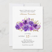 Paars Roos en goudlef Quinceanera Kaart (Voorkant)