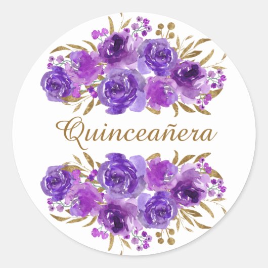 Paars Roos en goudlef Quinceanera Ronde Sticker (Voorkant)