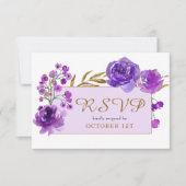 Paars Roos en goudlef Quinceanera RSVP Kaartje (Voorkant)