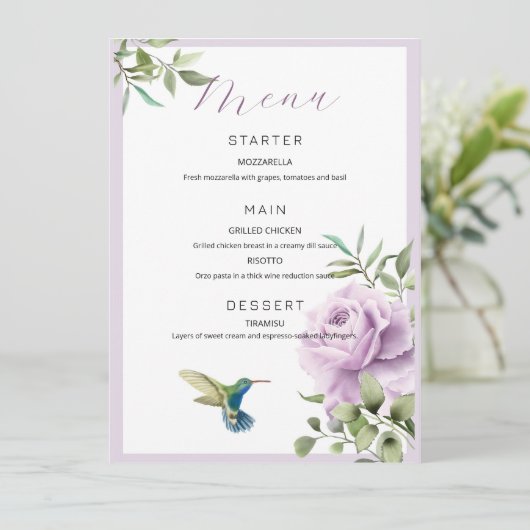 Paars Roos en kolibrie Menu (Staand voorkant)
