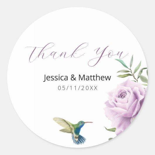 Paars Roos en kolibrie Ronde Sticker (Voorkant)