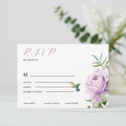 Paars Roos en kolibrie RSVP Kaartje (Staand voorkant)