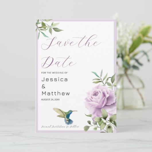 Paars Roos en kolibrie Save The Date (Staand voorkant)