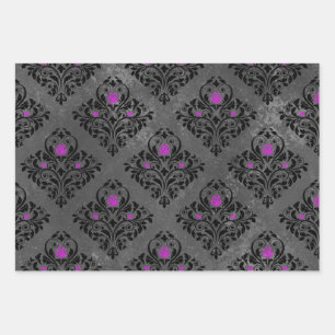 Paars Roos en Zwarte Damask Inpakpapier Vel