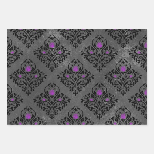 Paars Roos en Zwarte Damask Inpakpapier Vel (Voorkant)