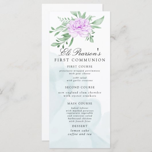 Paars Roos Eucalyptus blaast eerste communie Menu (Voorkant / Achterkant)