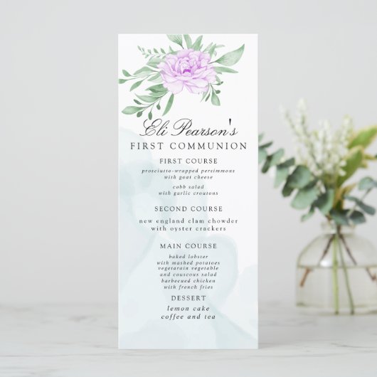 Paars Roos Eucalyptus blaast eerste communie Menu (Staand voorkant)