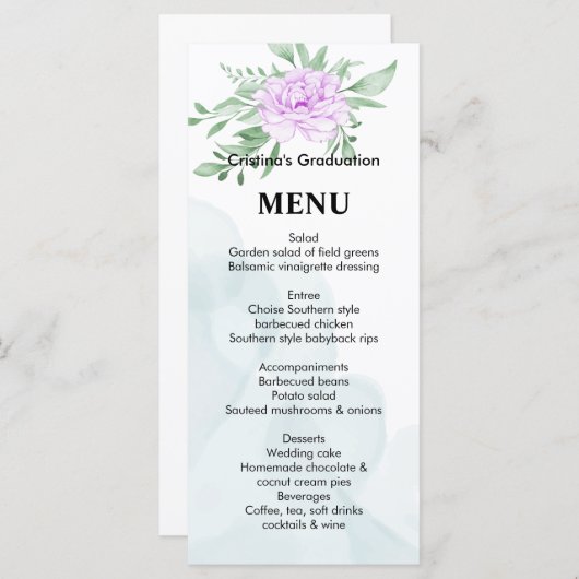 Paars Roos Eucalyptus laat Afstuderen Dinon Menu (Voorkant / Achterkant)