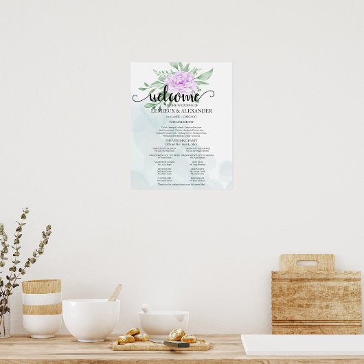 Paars Roos Eucalyptus Leaves Wedding Program Poster (Keuken)