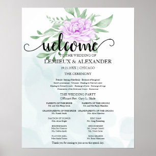 Paars Roos Eucalyptus Leaves Wedding Program Poster