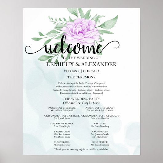 Paars Roos Eucalyptus Leaves Wedding Program Poster (Voorkant)