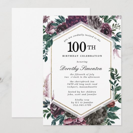Paars Roos Floral 100e verjaardag uitnodiging (Voorkant / Achterkant)